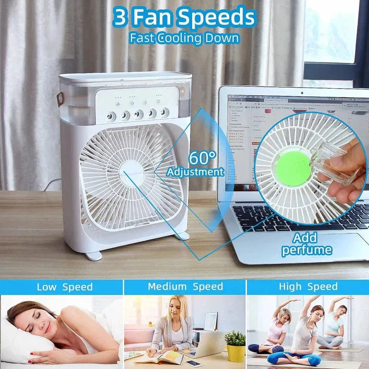 10-Inch Mist Cooling Fan – 3 Speed, 5-Nozzle Spray, LED Light | Office & Room Ke Liye Best